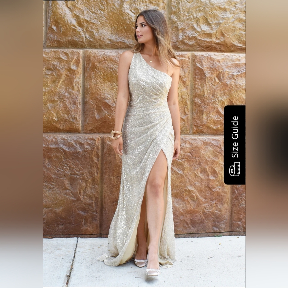 Mia Bella Couture Gold Long Sequin Formal Dress Ballgown Prom